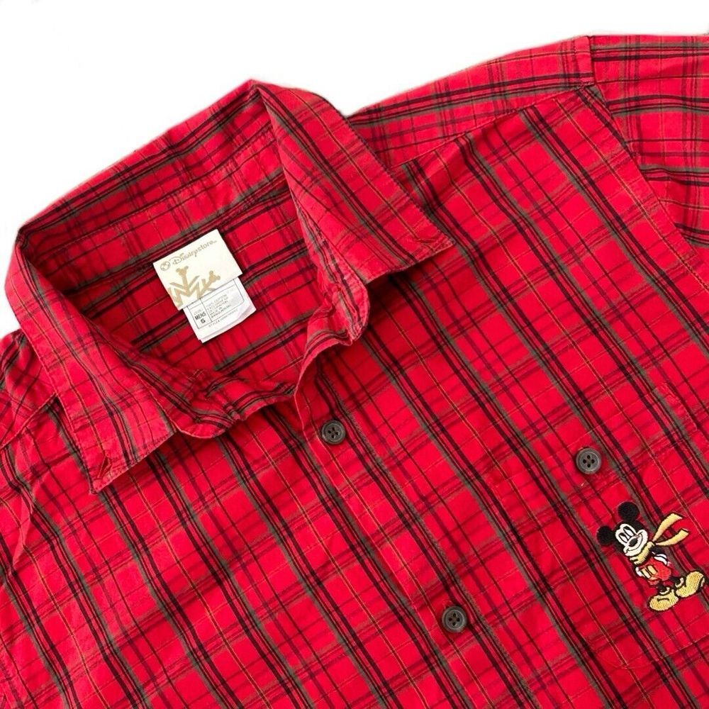 The Disney Store Mens‎ Small Red Plaid Shirt Button Up Embroidered Mickey Mouse - Picture 2 of 8
